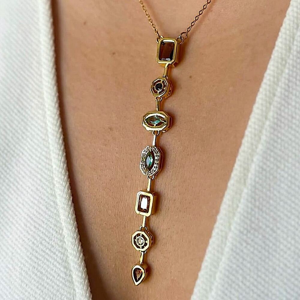 Gold Y Lariat Multicolor Zircon Necklace 7 Tier Eye Candy 18K Gift